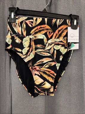 Sunsets Women's High-Waist Swim Bottom in Black with Tropical Leaf Print